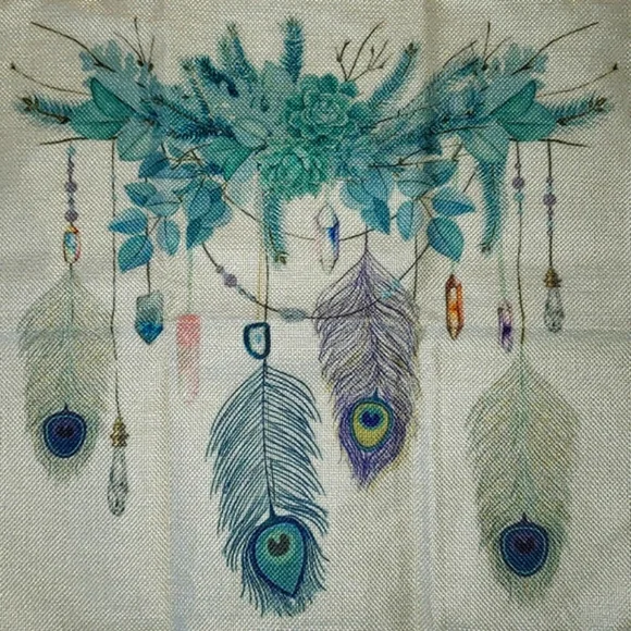 Peacock Feathers Pillow Case. Crystals Succulent Boho Chic Beautiful - Picture 11 of 11